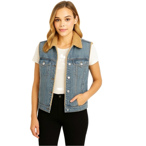 CQY harper denim vest xs cotton blue cream sherpa lined quiet luxury - Picture 1 of 15